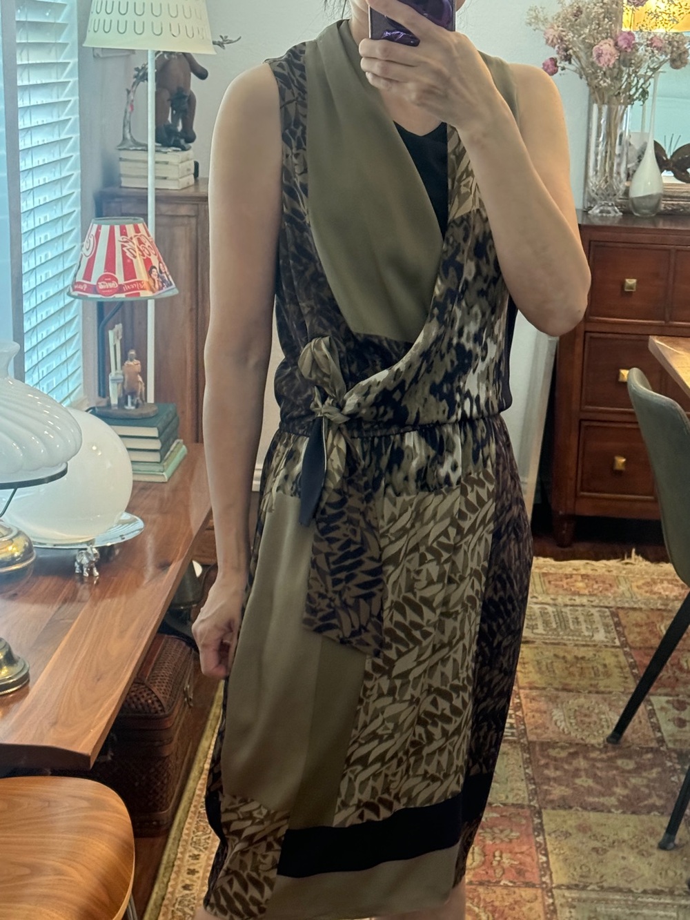 Elie Tahari Sleeveless Leopard Mixed-Print Silk Midi Wrap Dress Size S